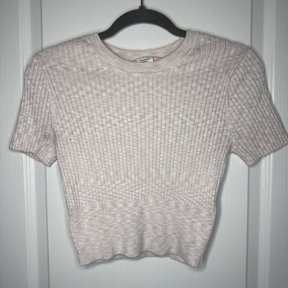 Ribbed Knit Short Sleeve Sweater Top Women's Medium Beige Oatmeal Cream